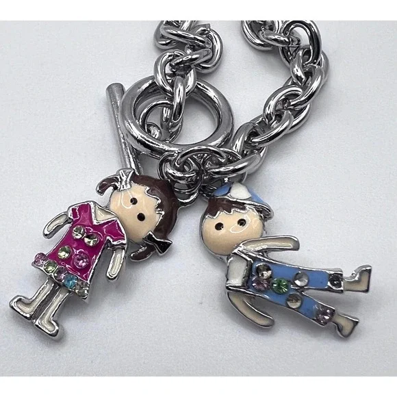 Articulated Boy & Girl Charm Bracelet Silver Tone 8" Toggle Closure - Picture 4 of 5